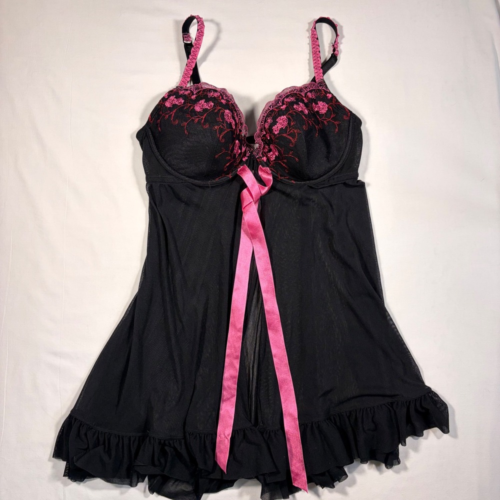 Cacique Underwire Babydoll Lingerie 14/16 Romantic Black Pink Floral Embroider